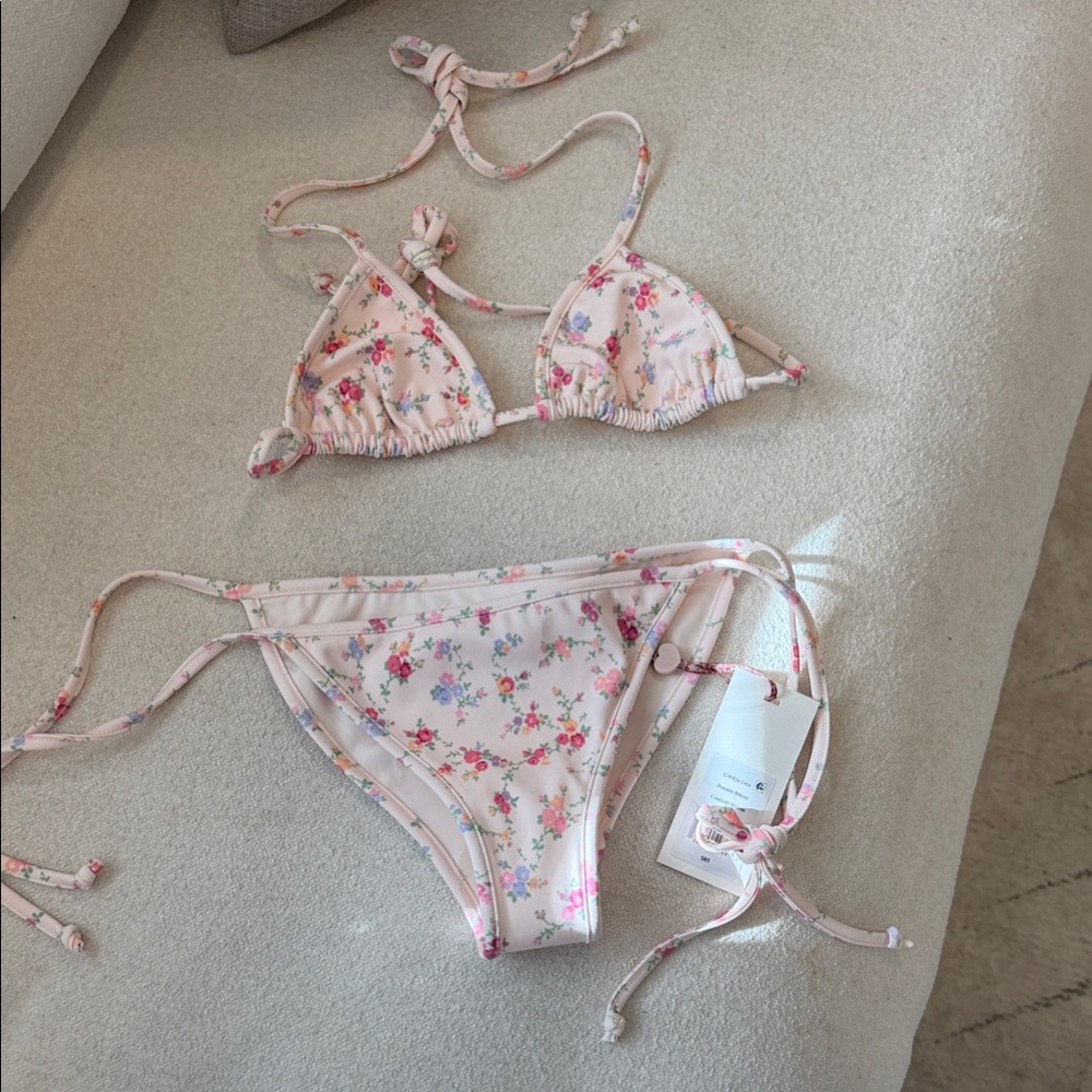 LoveShackFancy Floral Kids Bikini - Pink and White